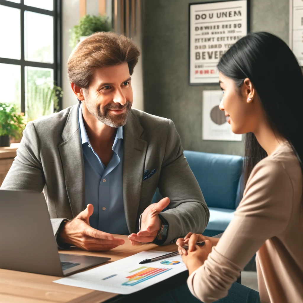 A professional life coach in a modern office setting with a clientin Kamloops, emphasizing the interactive and personal aspect of life coaching.