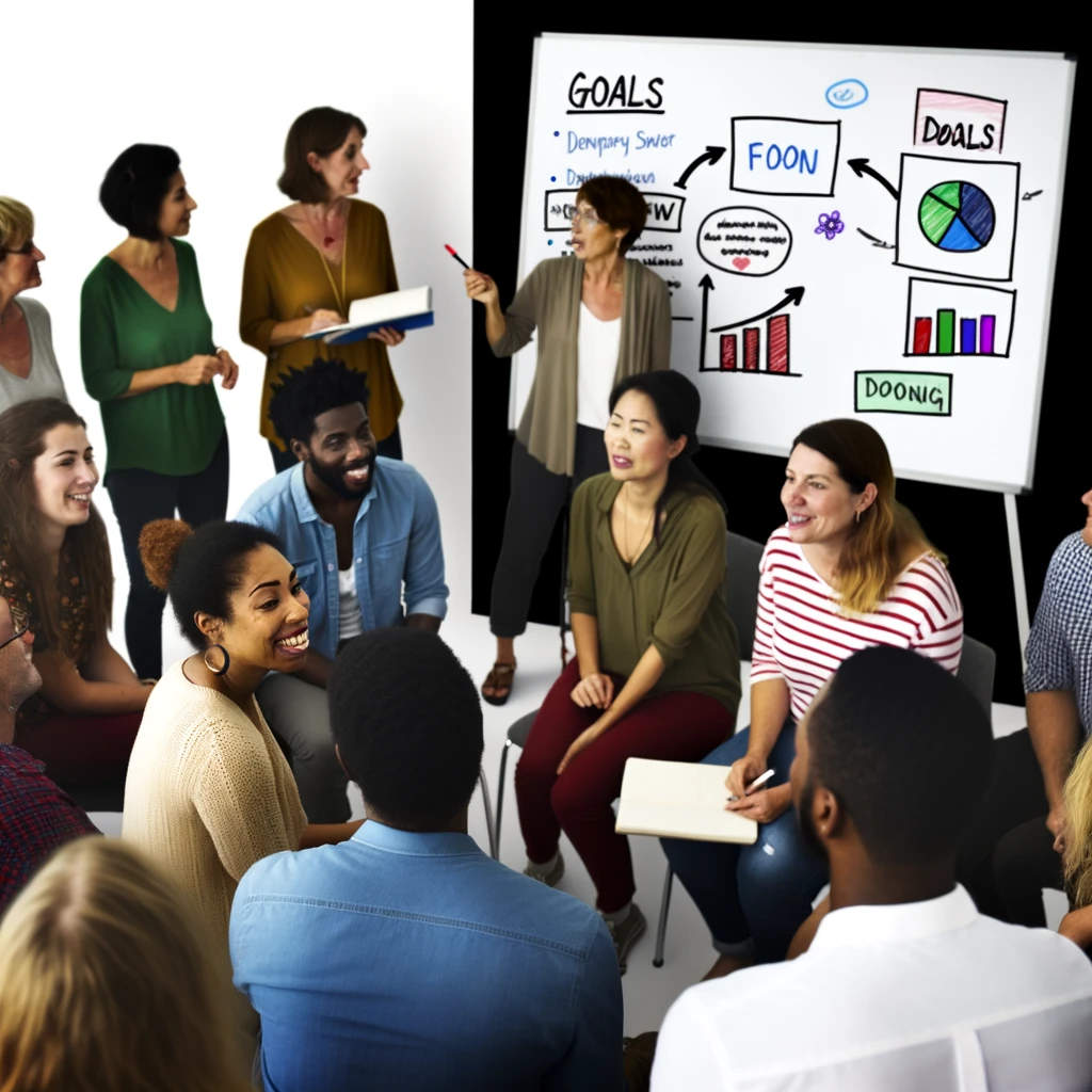A diverse group of individuals participating in a life coaching workshop, with a whiteboard filled with goals and plans in the background.