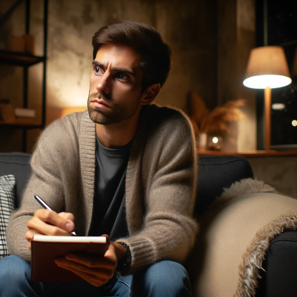 A thoughtful individual sitting in a cozy, dimly lit office in Kamloops, looking pensive and slightly concerned while holding a notepad.