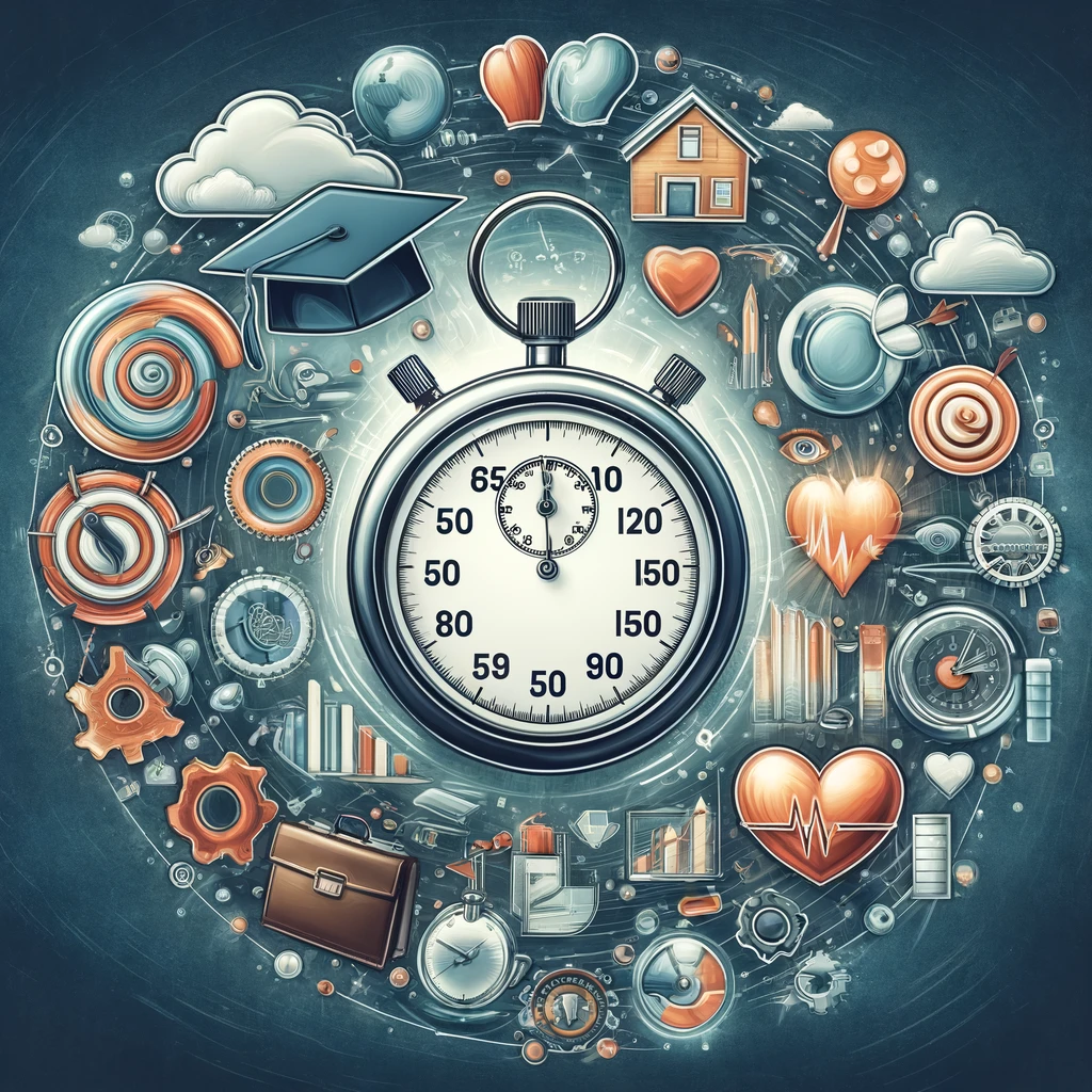 A conceptual image of a stopwatch surrounded by symbols representing different life goals