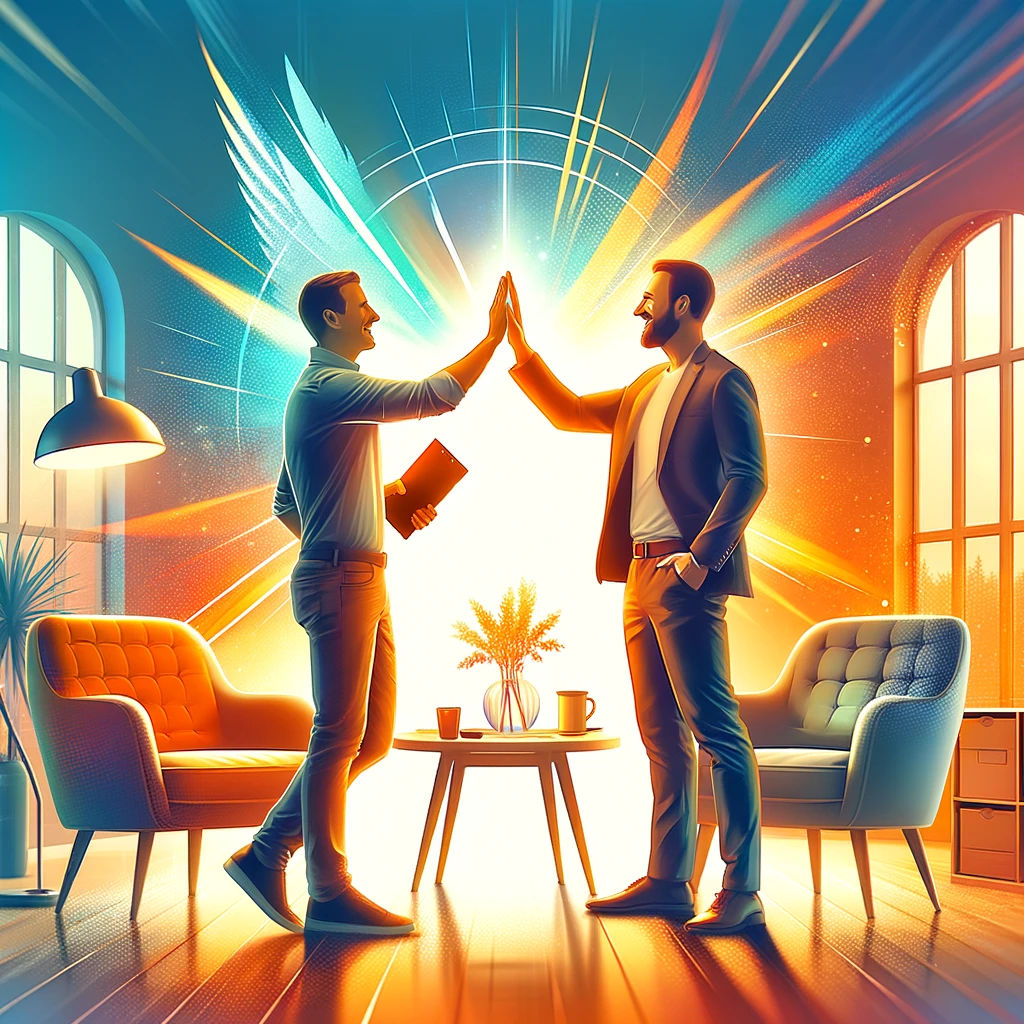 Two men celebrating successful Kamloops life coaching session.